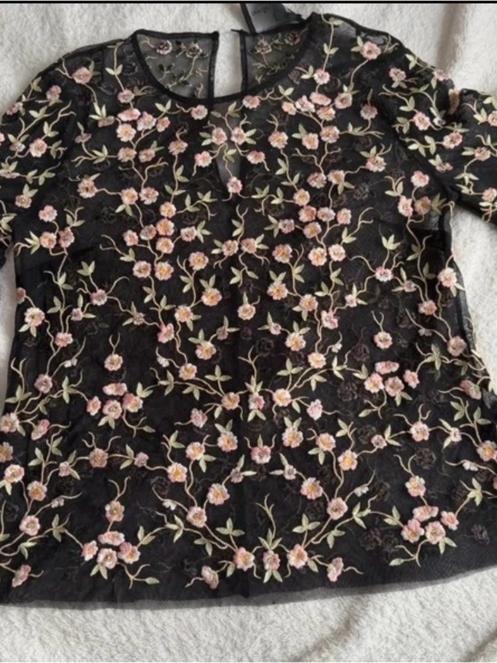 Needle & Thread Black Mesh Blouse with Pink Floral Embroidery